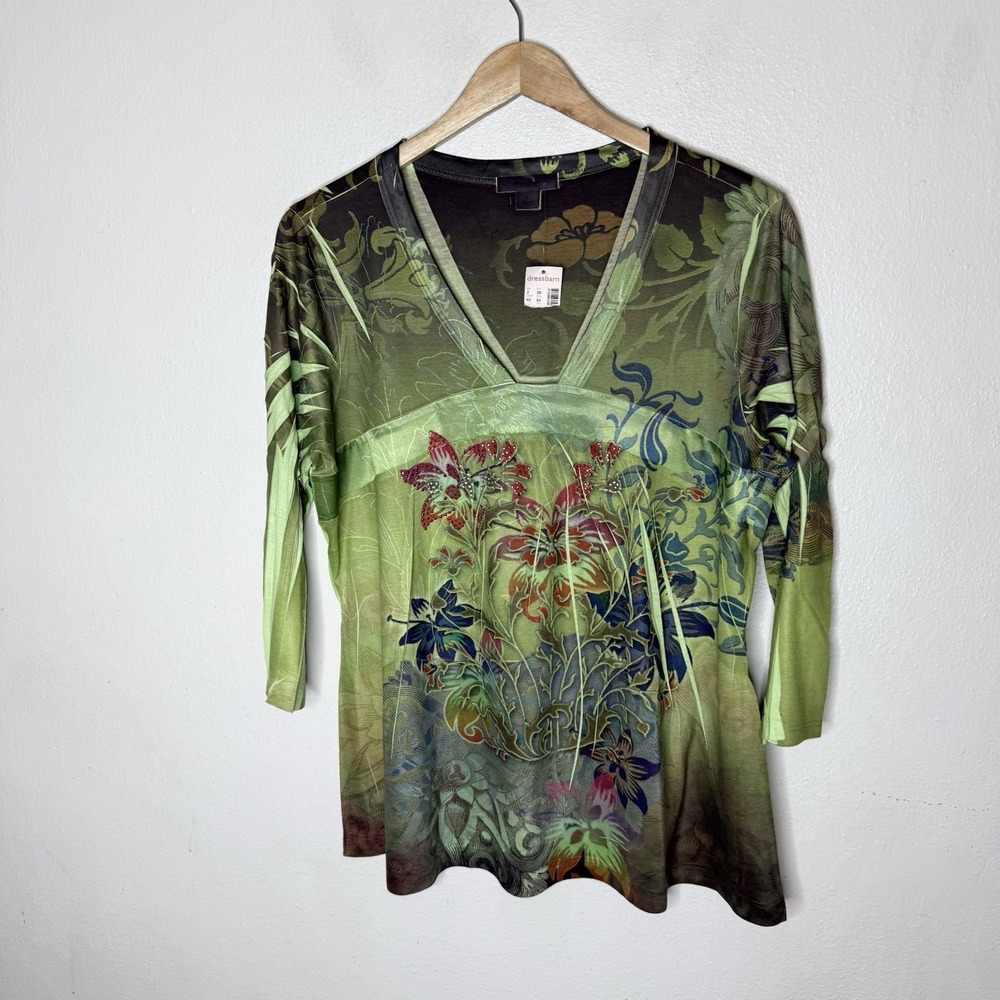 New Dressbarn Y2K Green Boho Stretch V-neck Tunic Top Floral Women's Large